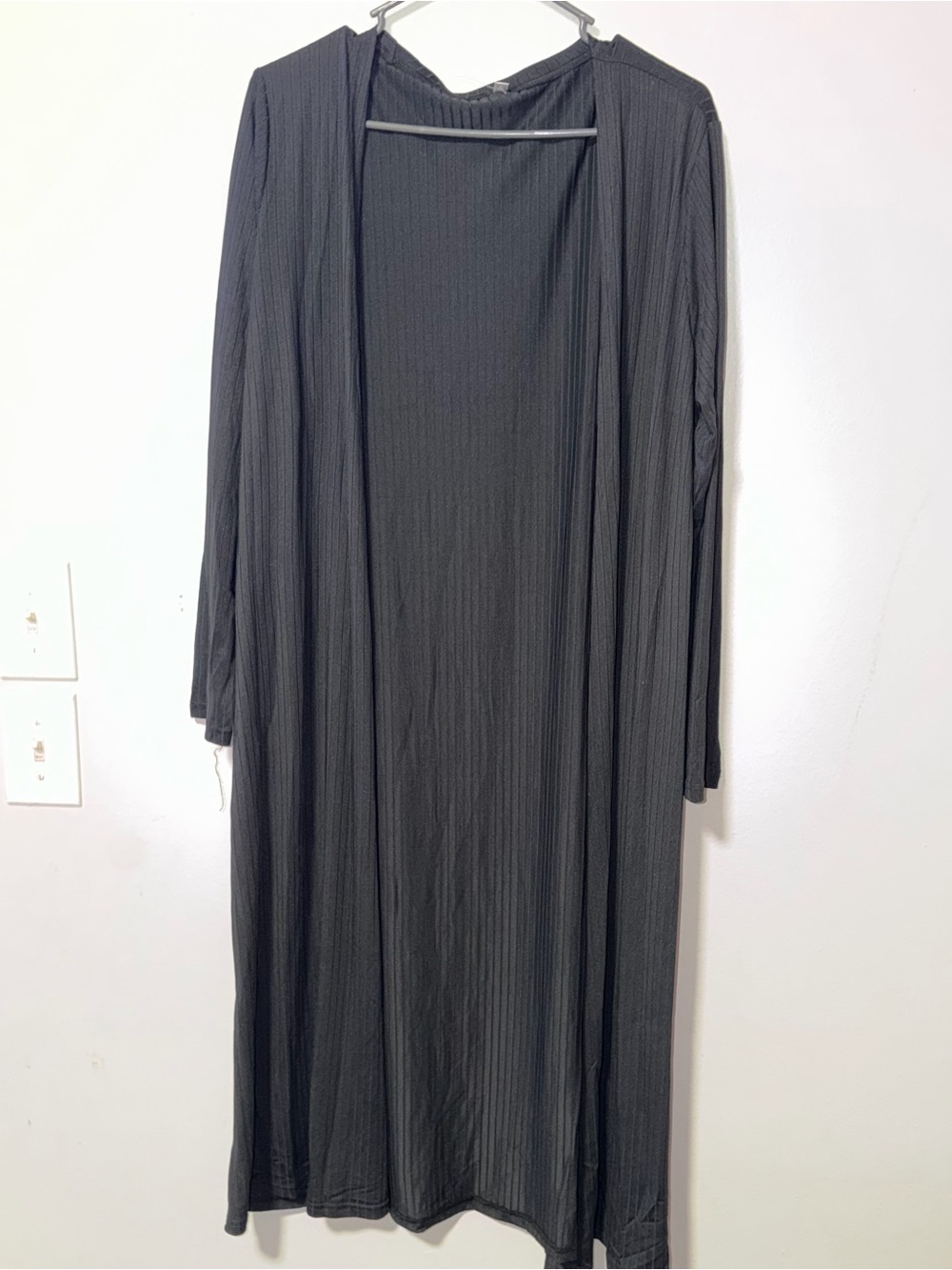 Long Open-Front Ribbed Cardigan - Black - Picture 2 of 12